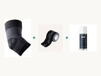 Padel-armbågspaketet: armbågsstöd, kinesiotejp och kylande roll-on-gel