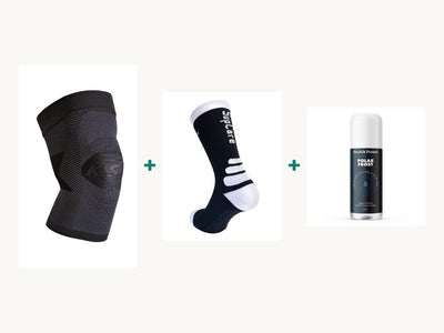Padel-knäpaketet: knäsleeve, padelstrumpor med grip-sula och kylande roll-on-gel