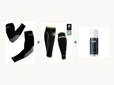 Padel-återhämtningspaketet: armsleeve, vadsleeve och kylande roll-on-gel